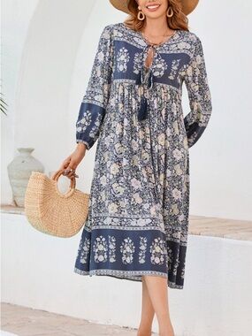 R Vivimos Boho Midi Dress Long Sleeve Tassels Sz L Cottagecore Floral Western